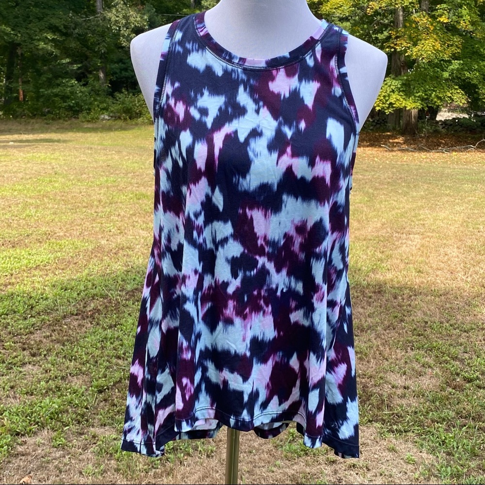SWEATY BETTY TOP TANK BLUE PURPLE SLEEVELESS ROUND NECK ASYMMETRICAL SIZE 8 10